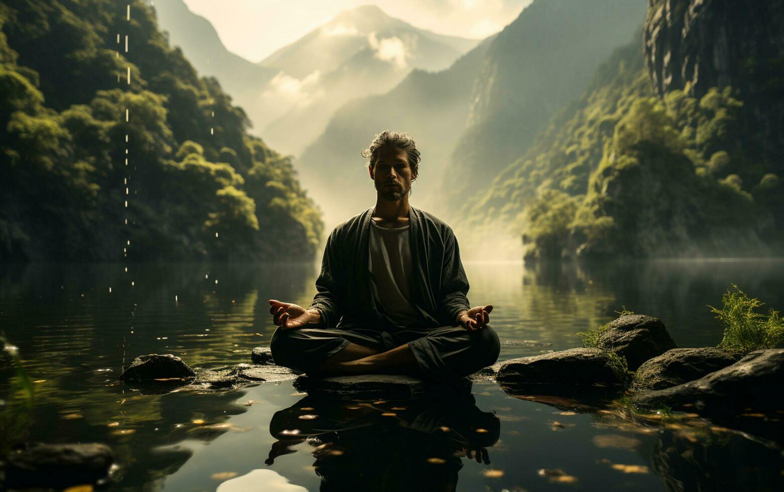 A man meditating in nature and being in the present moment